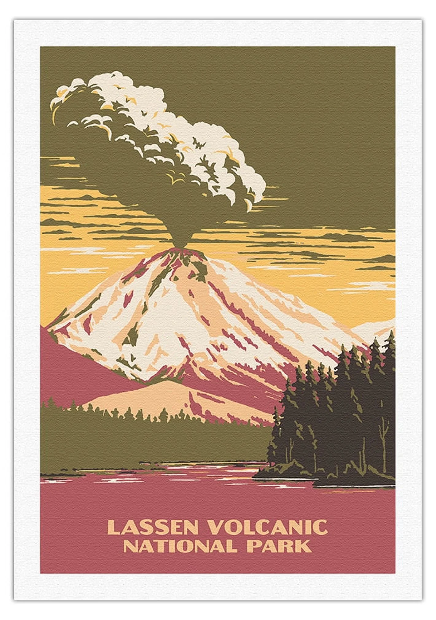 Lassen Volcanic National Park - Manzanita Lake California - Vintage Travel Poster by Chester Don Powell c.1938 - Fine Art Rolled Canvas Print 27in x 40in