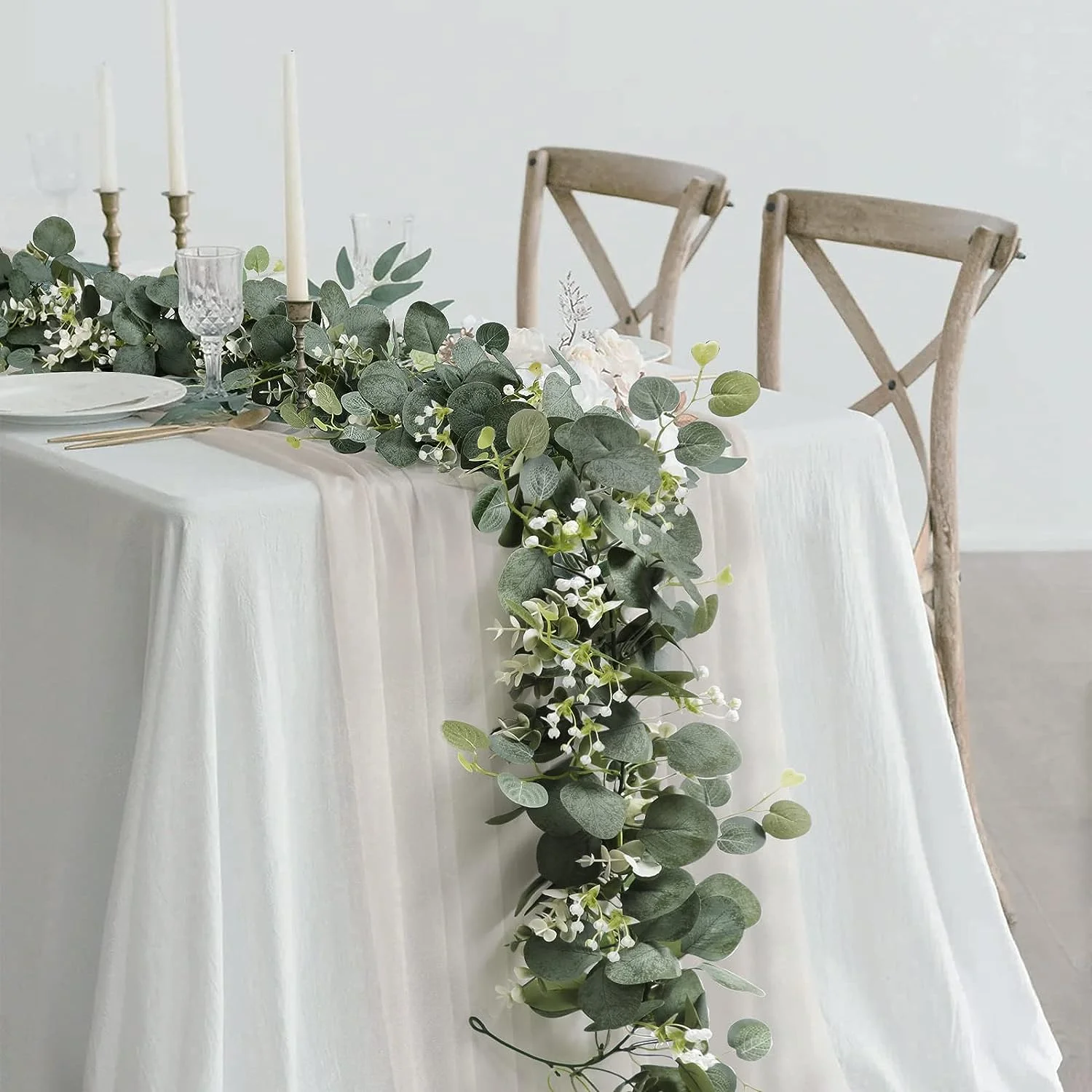 Namzi -a Eucalyptus Garland with White Flowers 2 Packs 5.9Ft Silver Dollar Eucalyptus Leaves Gypsophila Garland Artificial Greenery Vines