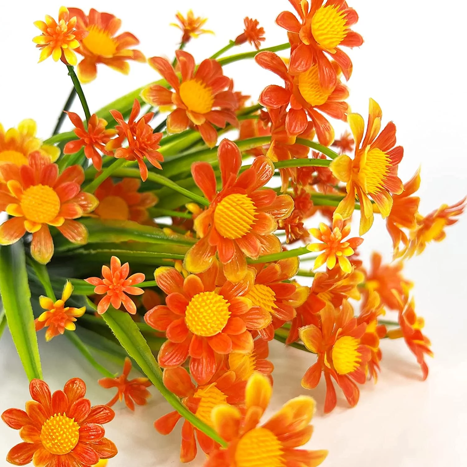 12 Bundles Artificial Daisies Flowers Outdoor UV Resistant Fake Foliage Greenery Faux Plants Shrubs Plastic Bushes for Window Box Hanging Planter Farmhouse Indoor Outside Decor（Orange Red）