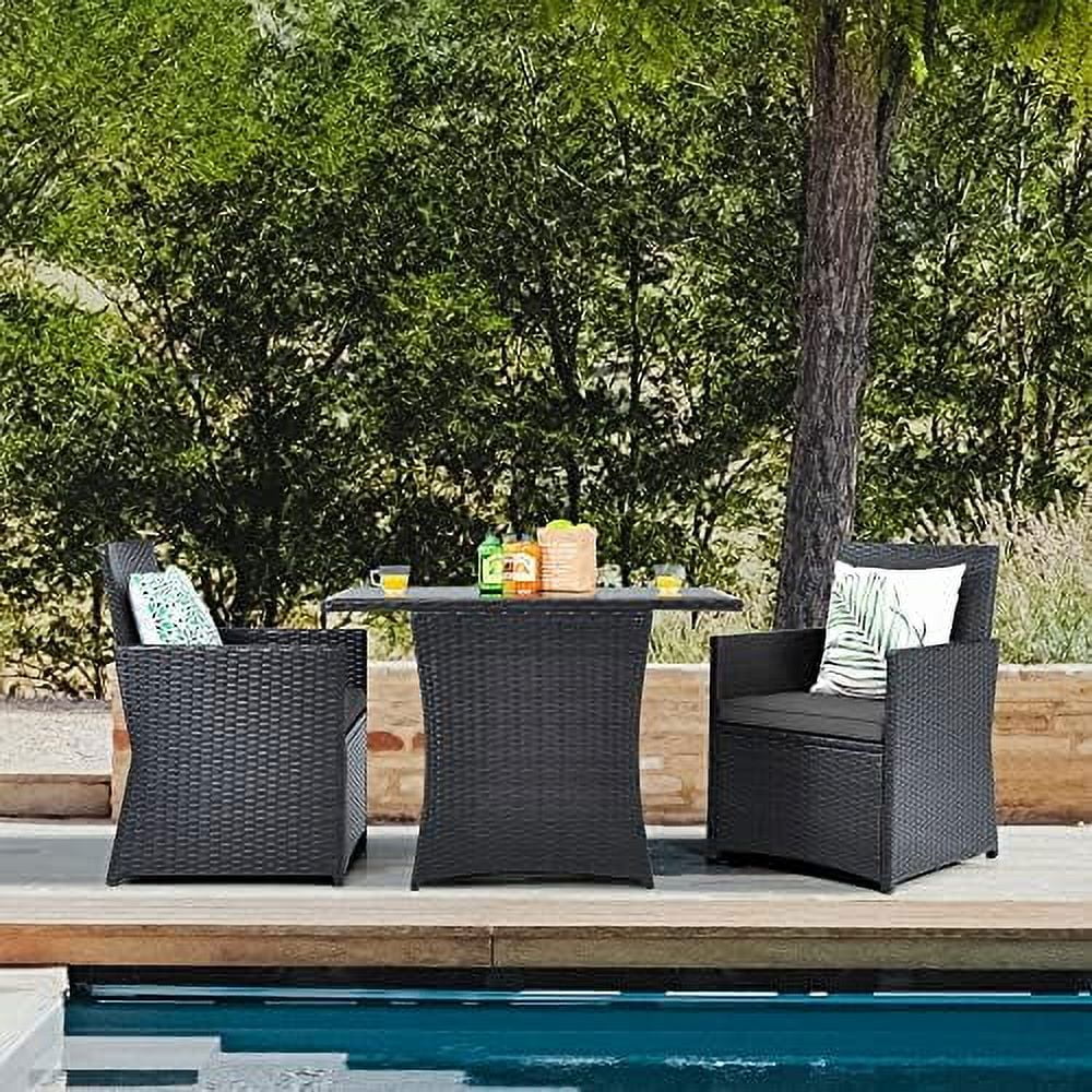 HYHBIBOOM 3 Pieces Patio Dining Set  Outdoor Rattan  with Cushions  Tempered Glass Tabletop  Wicker Conversation Set for Garden Backyard Poolside Porch  Grey