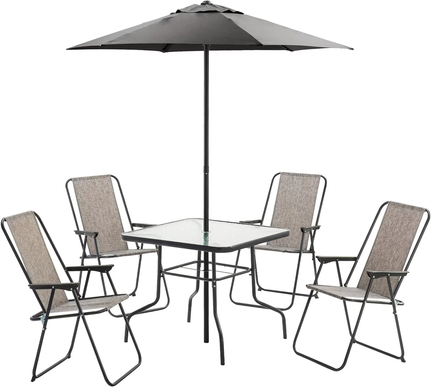 6 Pieces Outdoor Patio Dining Set With Glass Table, Umbrella And Set Of 4 Chairs For Lawn, Deck, Backyard, 4525 Grey