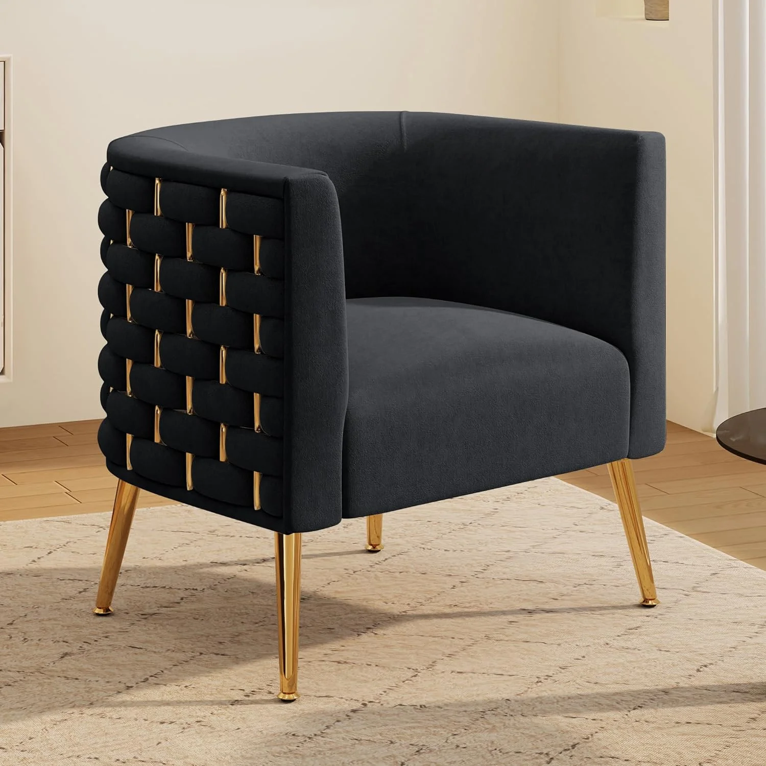 Modern Velvet Barrel Accent Chair, Comfy Wide Handmade Woven Bucket Arm Chair, Fluffy Tufted Upholstered Single Sofa Chair for Living Room, Bedroom, Office, Waiting Room(Black)