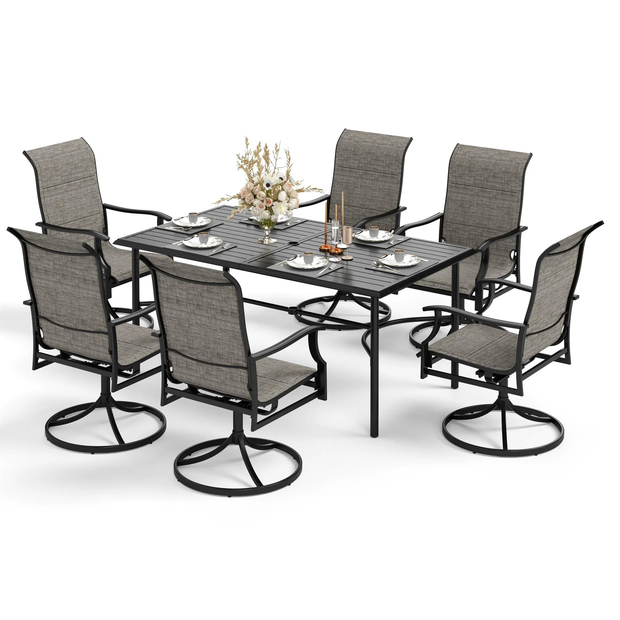7-Piece Patio Dining Set Steel Rectangle Table & High-back Padded Textilene Chairs Swivel Chairs