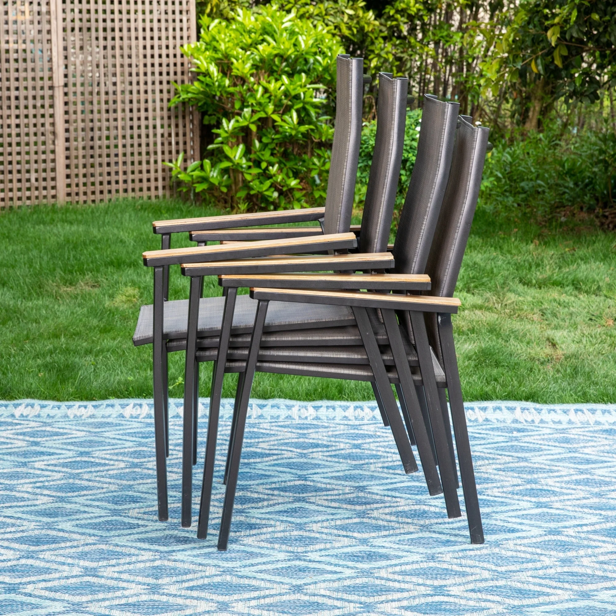 4 Pieces Aluminium Stackable Patio Dining Chairs with Wooden Armest Grey