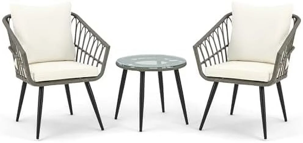 HYHBIBOOM 3 Pieces Wicker   Patio Rattan Dining Set with Glass Top Table and Cushions  Outdoor Conversation  Set for Porch  Backyard and Garden (Grey)