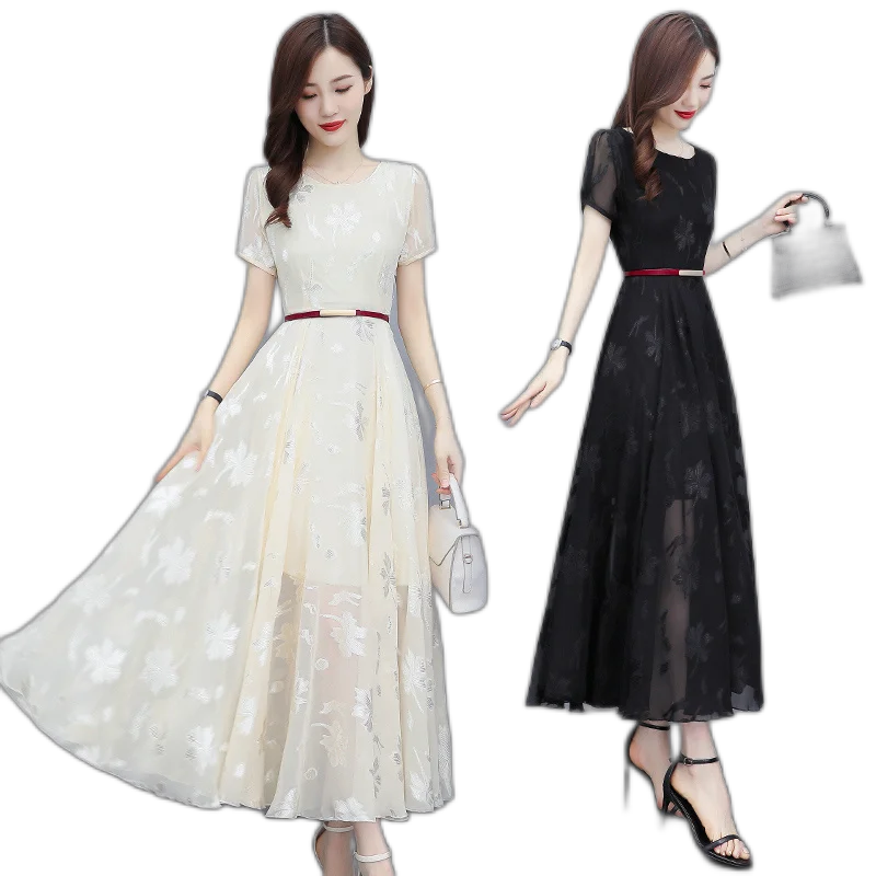 Summer New Temperament Round Neck Short-Sleeved Breathable Chiffon Flowing Swing Dress Female Apricot 2Xl