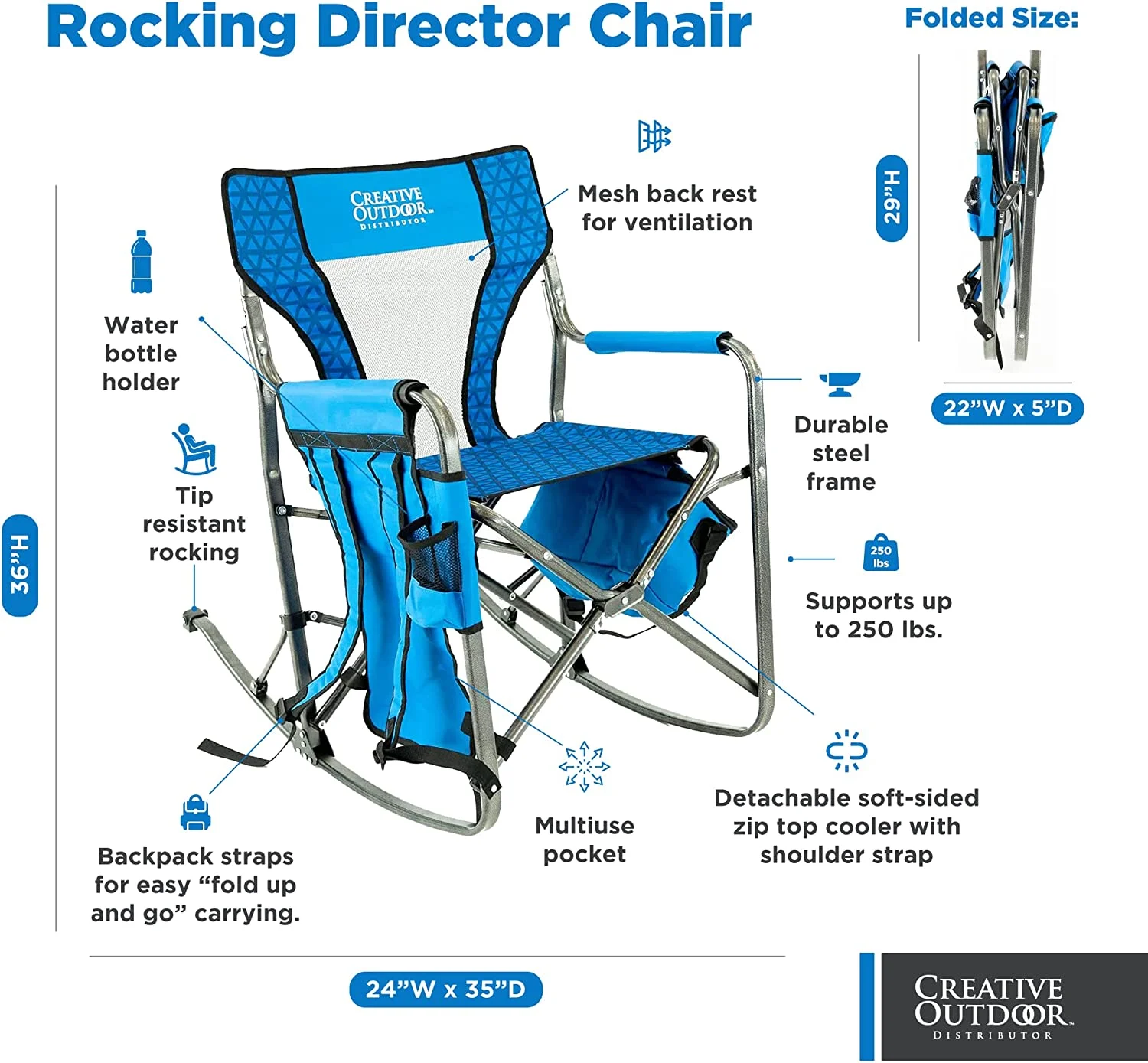 Creative Outdoor Collapsible Folding Rocking Director Chair | Folding Chair for Camping Picnic Beach Patio (Ocean Diamond)