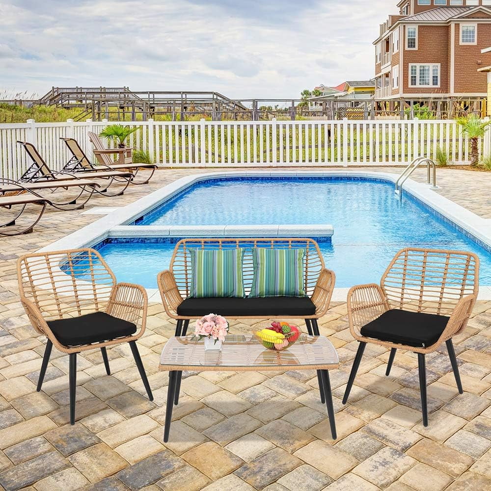 4-Piece Outdoor Chair Porch Chairs Patio Bistro Set Rattan Furniture Sets Loveseat Chair with Coffee Table Conversation Set with 2-Seat Sofa  2 Chairs