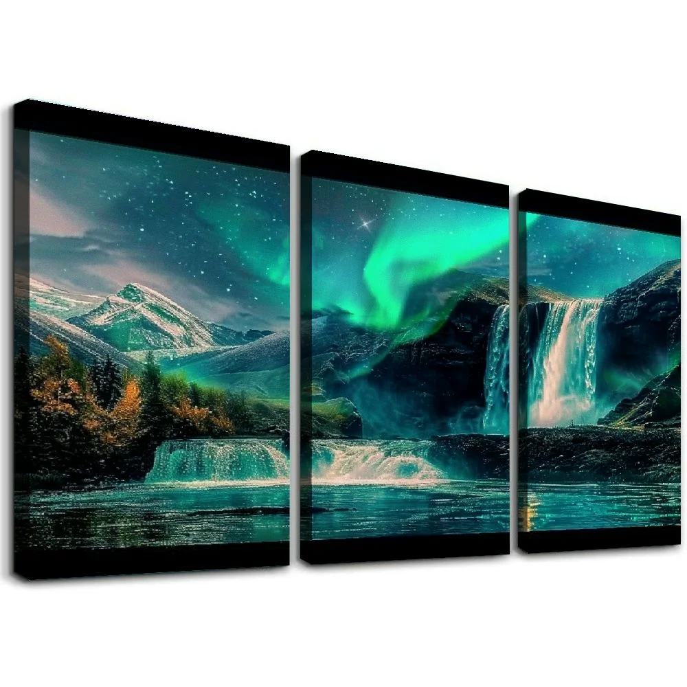 Ullo0ord Large Canvas Wall-Art for Living Room - Waterfall Pictures for Wall - Teal Wall Decor Ready to Hang Size