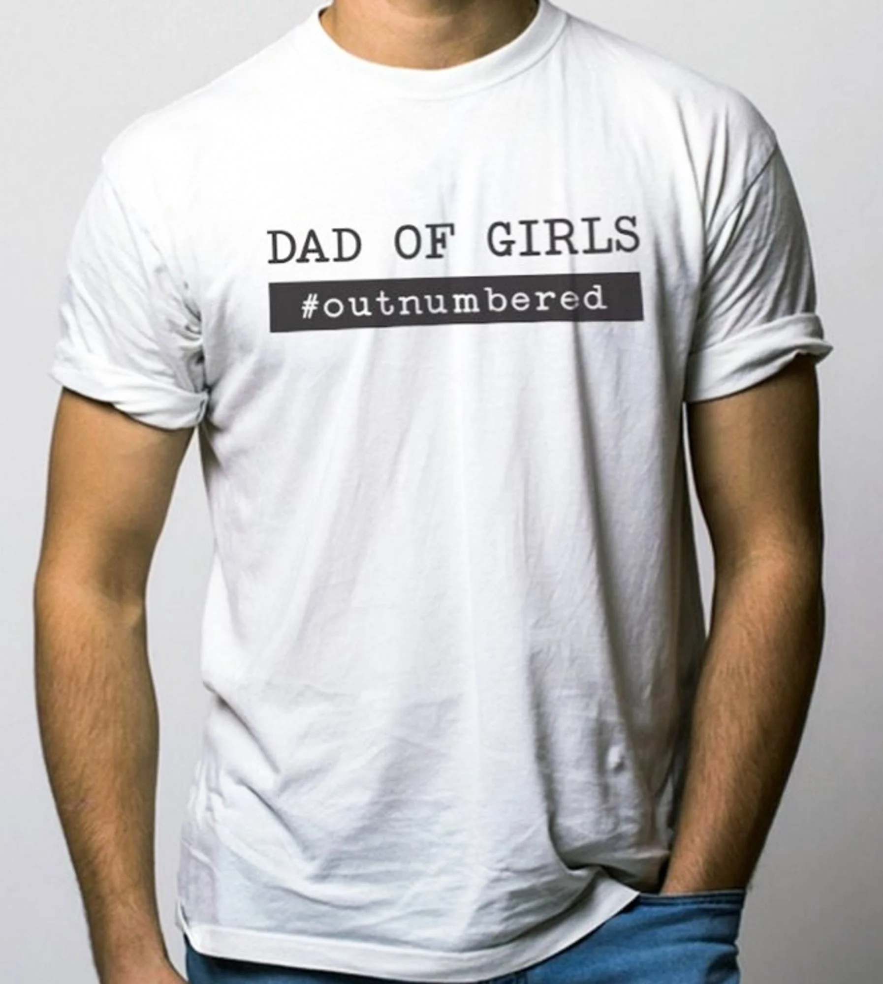 Dad Of Girls #Outnumbered Tee - Retail Fit and Pre-Shrunk Fabric, Cotton/Polyester Tshirt– Ash Color - XL