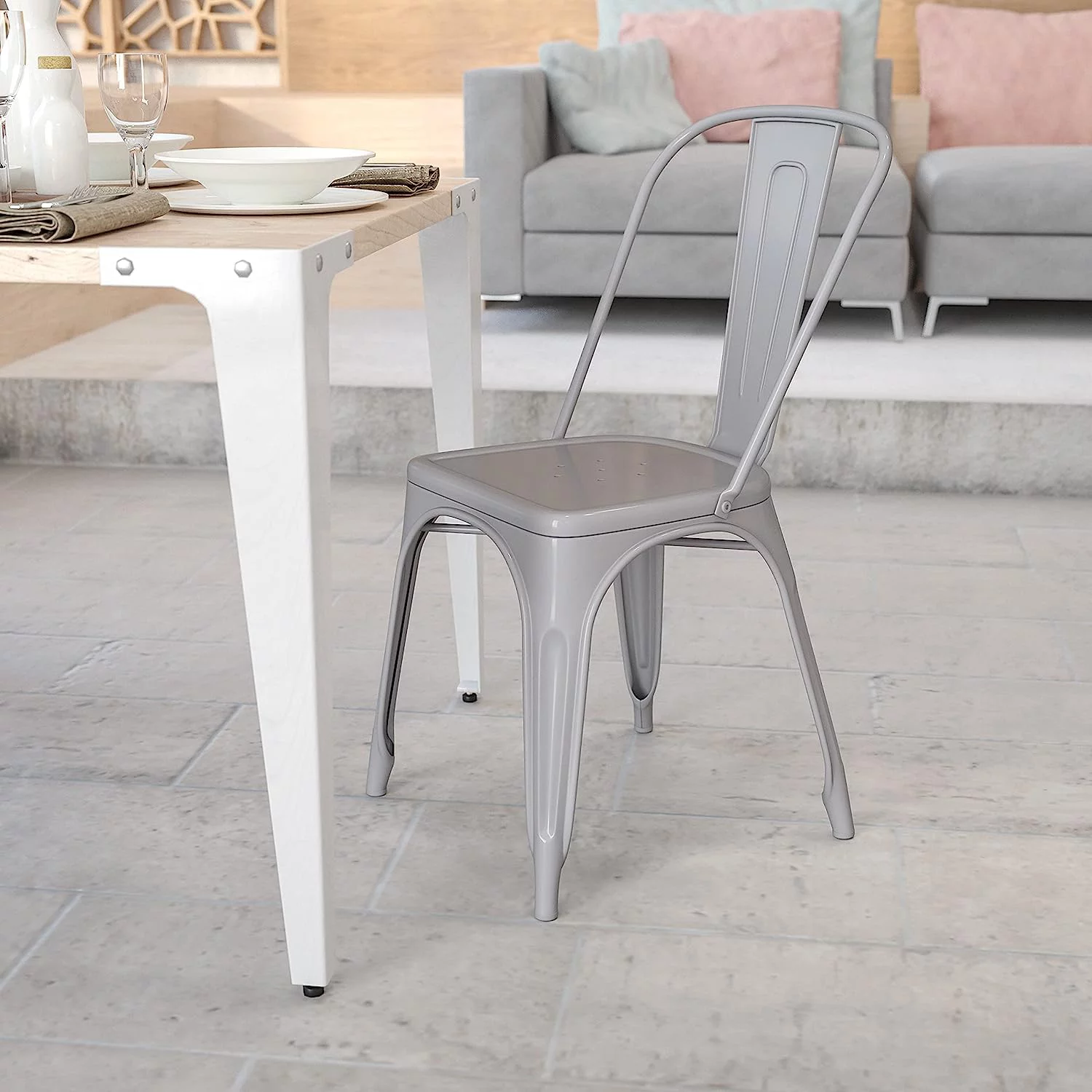 Grade Silver Metal Indoor-Outdoor Stackable Chair