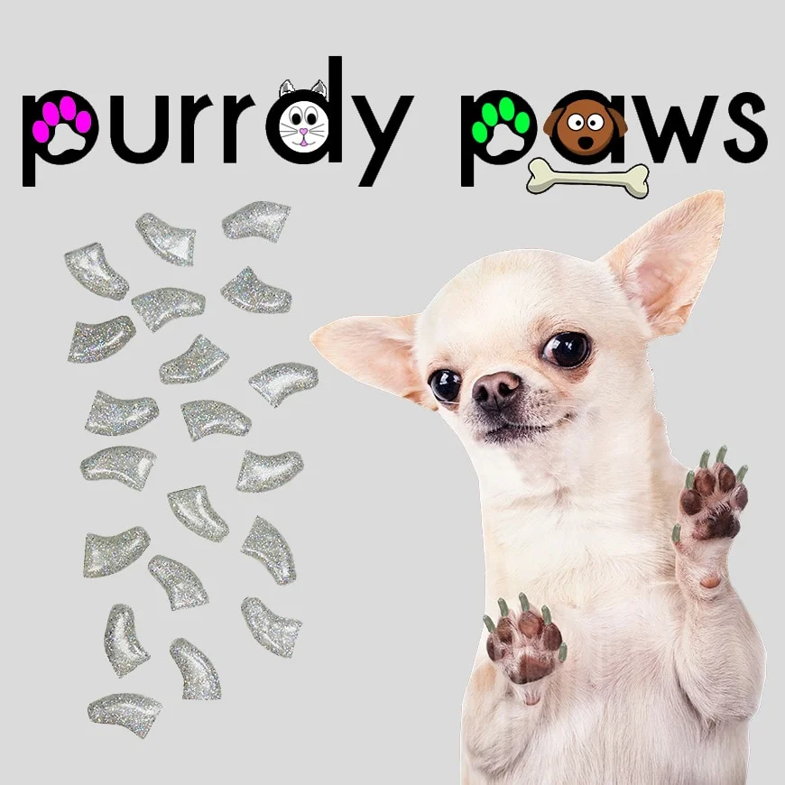 6 Month Supply - Purrdy Paws Silver Holo Glitter Soft Nail Caps for Medium Dog Nails - Extra Adhesives