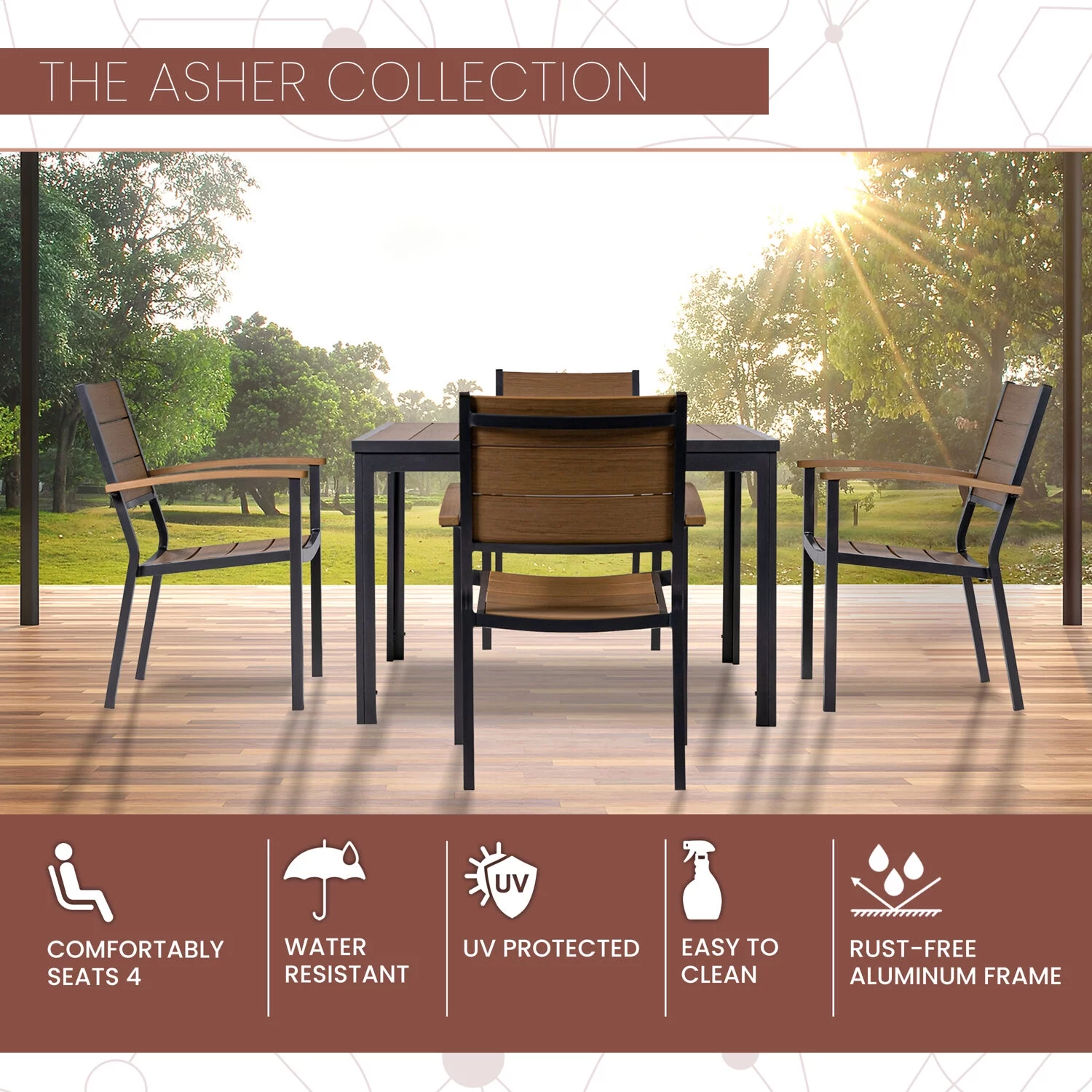 Mod Asher 5-Piece Outdoor Dining Set with 4 Slat Aluminum Dining Chairs & 43