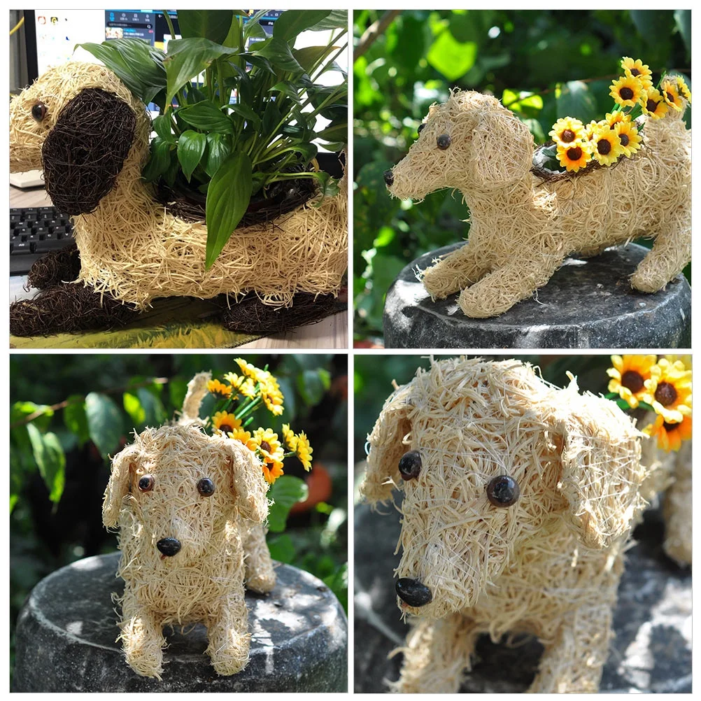 Etereauty Planter Flower Basket Pot Woven Plant Weaving Rattan Straw Succulent Handmade Seagrass Animal Garden Shape Dog Rustic