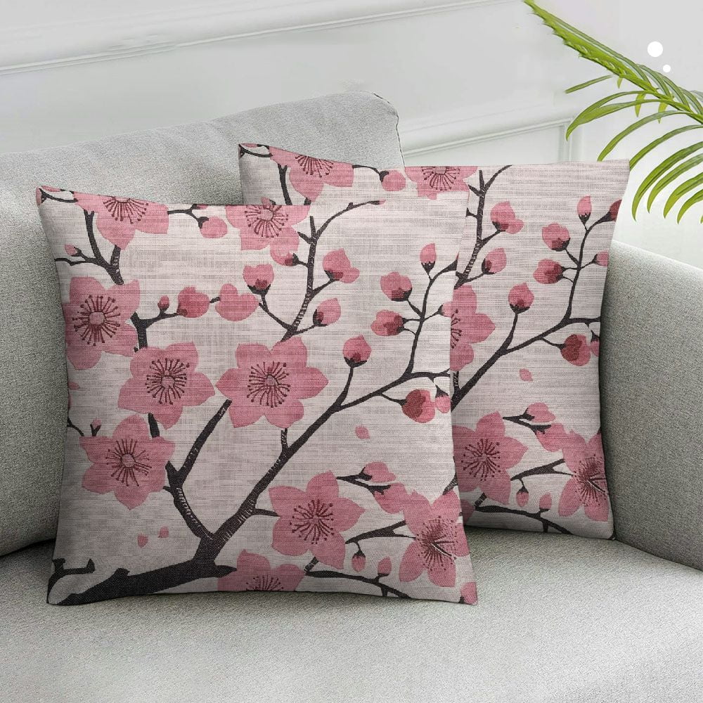 Nawypu Spring Pillow Decorative Throw Pillow Covers, Pink Chinese Cherry Blossom Flower Japan Plum Branch Double Sided Square Pillow Cases Pillowcase Sofa Cushion,2 Pcs