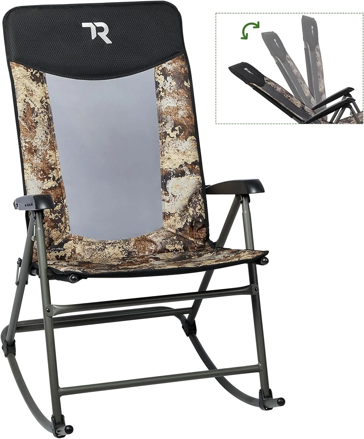 Foldable Rocking Chair 3-Position Recliner Camping Chair Padded Rocker Chair Outdoor Portable Heavy Duty High Back Hard Armrest Mesh Back 300 lbs for Patio Home Summer, Camo