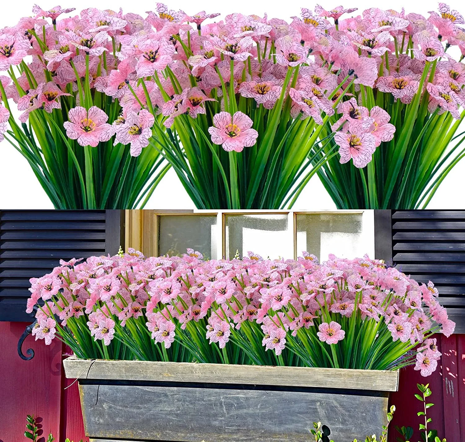 GRNSHTS 18 Bundles Artificial Flowers Pink Outdoor UV Resistant Plant No Fade Fake Flowers for Garden Porch Window Box