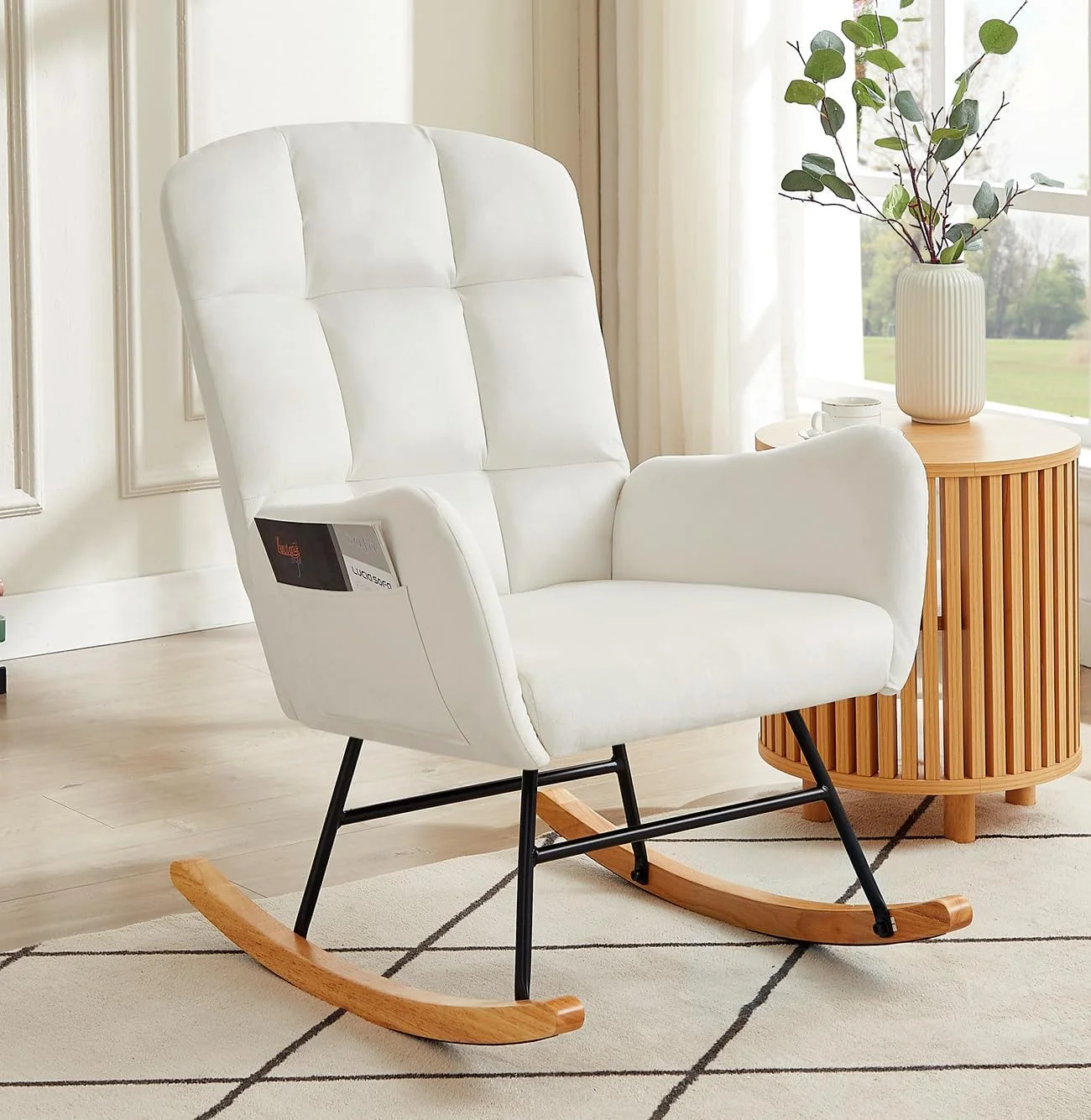 Nursery Rocking Chair,Upholstered Glider Chair with High Backrest Armchair Chair for Living Room Bedroom Offices (White Velvet)