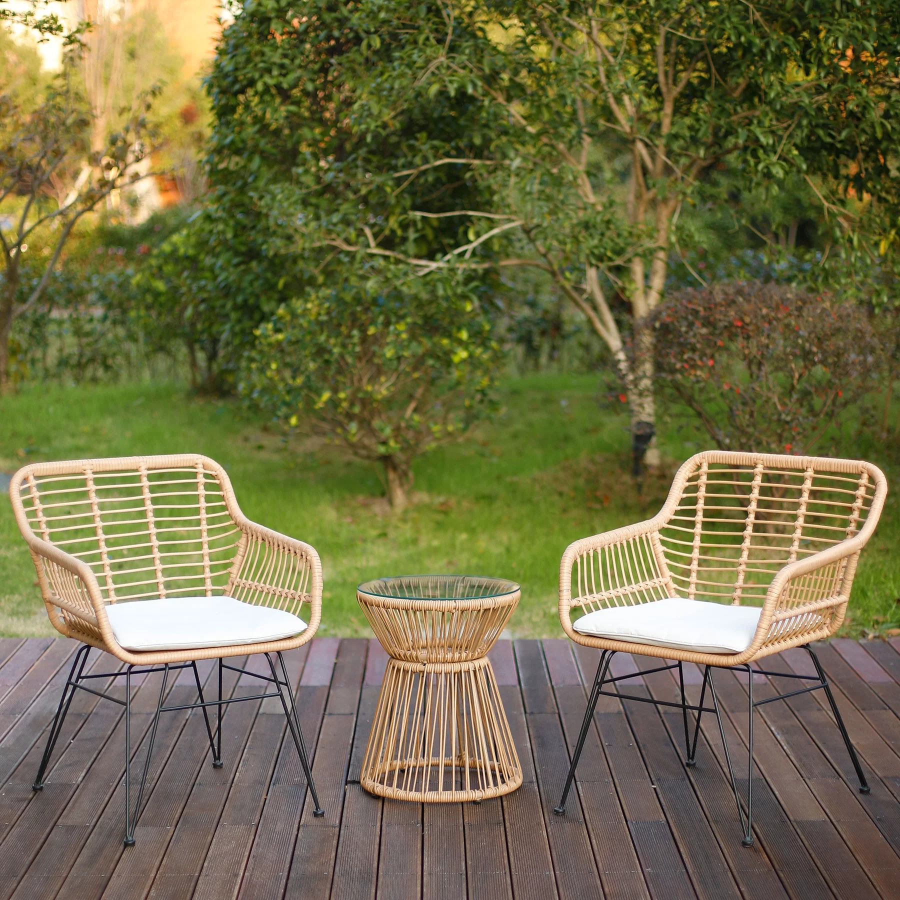 YMHML 3-Piece Patio Bistro Set,Outdoor Wicker Chairs with Glass Top Table and Soft Cushion,Rattan Front Porch Furniture Set for Yard,Garden or Balcony