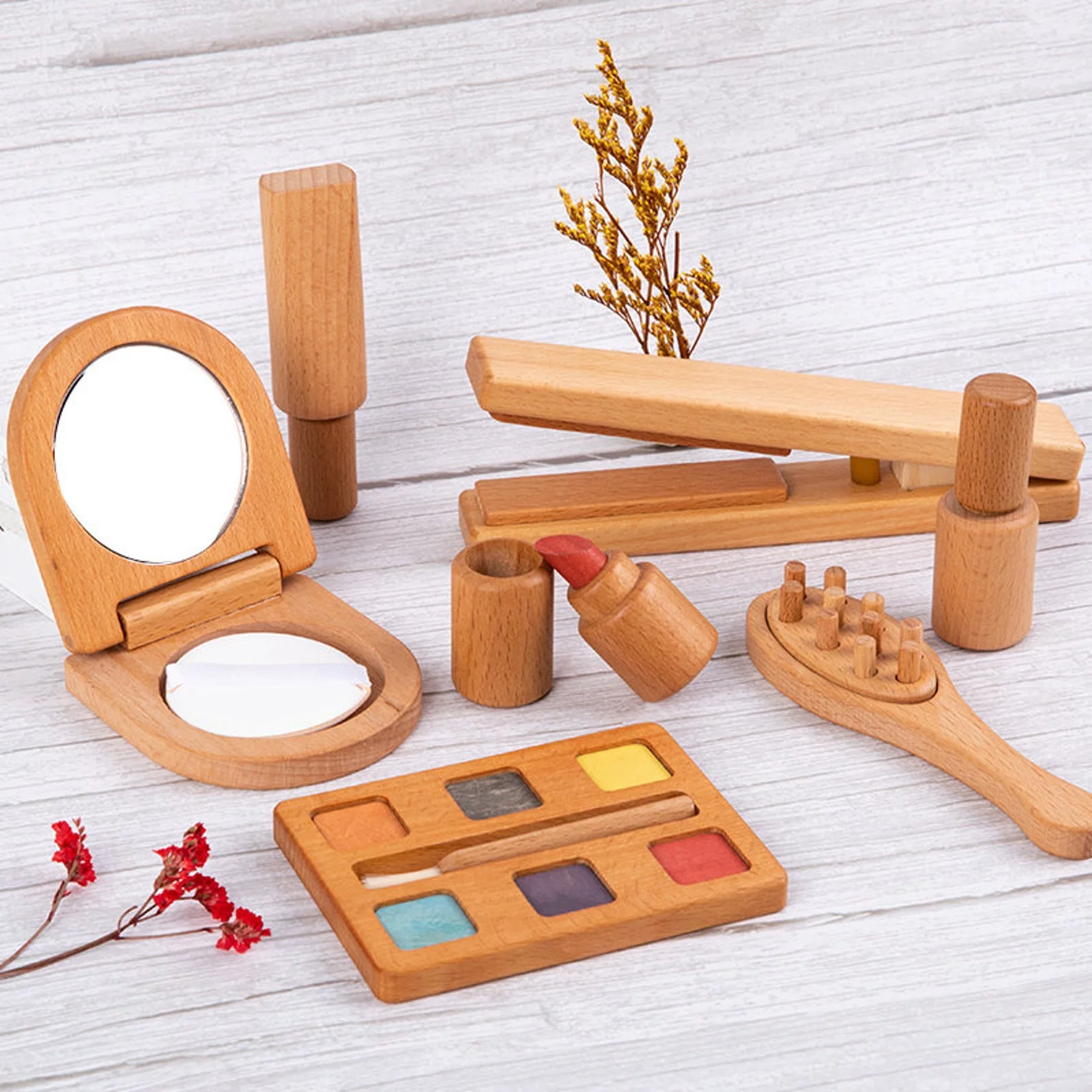 Montessori Wooden Educational Play Makeup Cosmetics Toy Set for Sensory Development and Motor Skills for 3+ Years Toddlers and Children