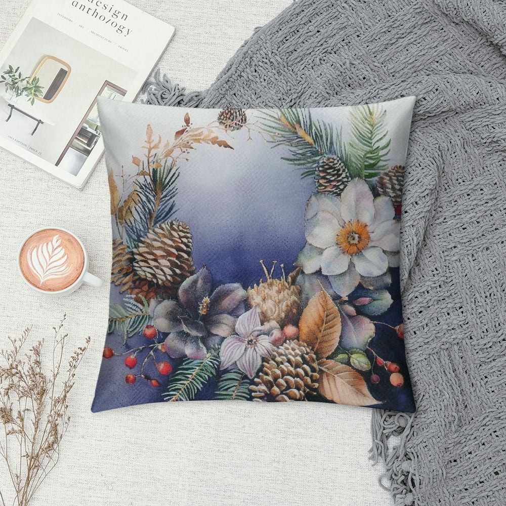 Ollo0ord Throw Pillow Cover Wreath Roses Spruce Branches Inches Pillowcase Home Decorative Square Pillow Case Cushion Cover White