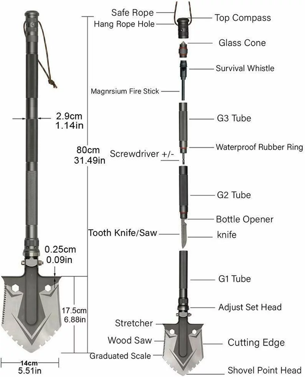 Camping Multitool Survival Shovel Military Grade Aluminum Camp Shovel