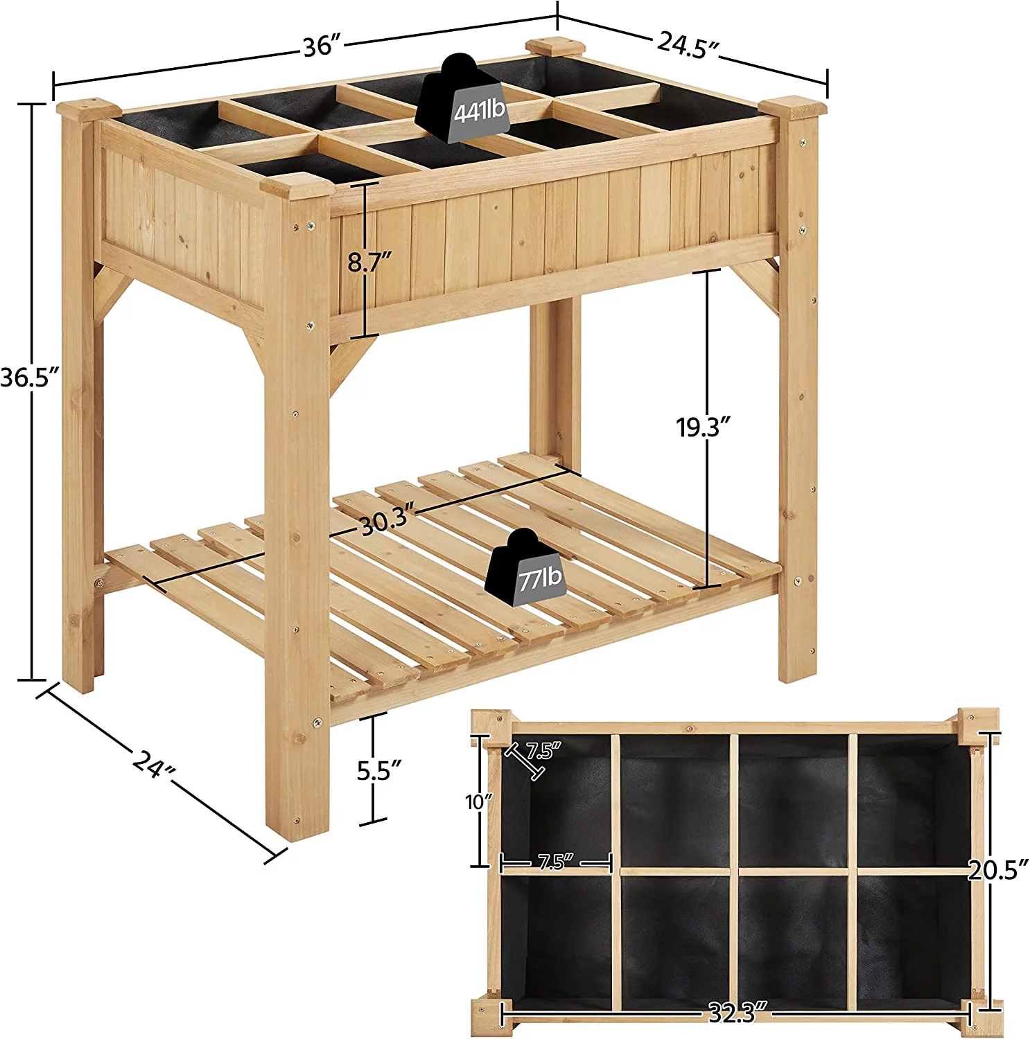 Wood Elevated Herb Garden Planters Vegetable Growing Bed Flower Plant Boxes for Small Spaces with Grow Grid, Fabric Liner, Protective Gloves & Legs