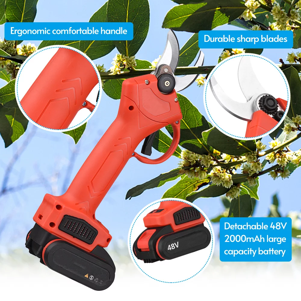 48V Cordless Electric Pruning Shears Portable Garden Shears Tree Trimmer Branch Cutter with Lithium Battery Adapter for Gardening