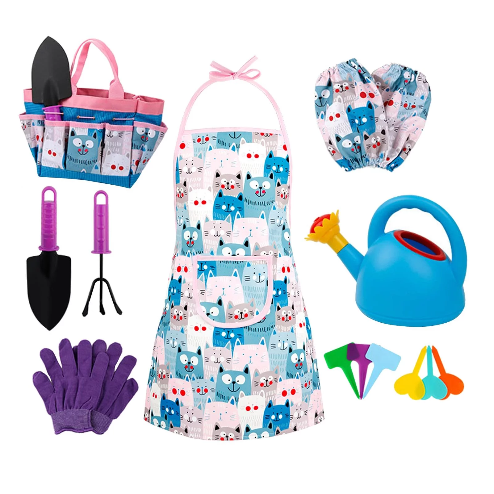 Kids Garden Tool Set, 6 Grounding Stakes, Blue Watering Can, Toddlers Gloves Cat Pattern Apron Child Rake Toys Birthday with Handbag Hand Tools