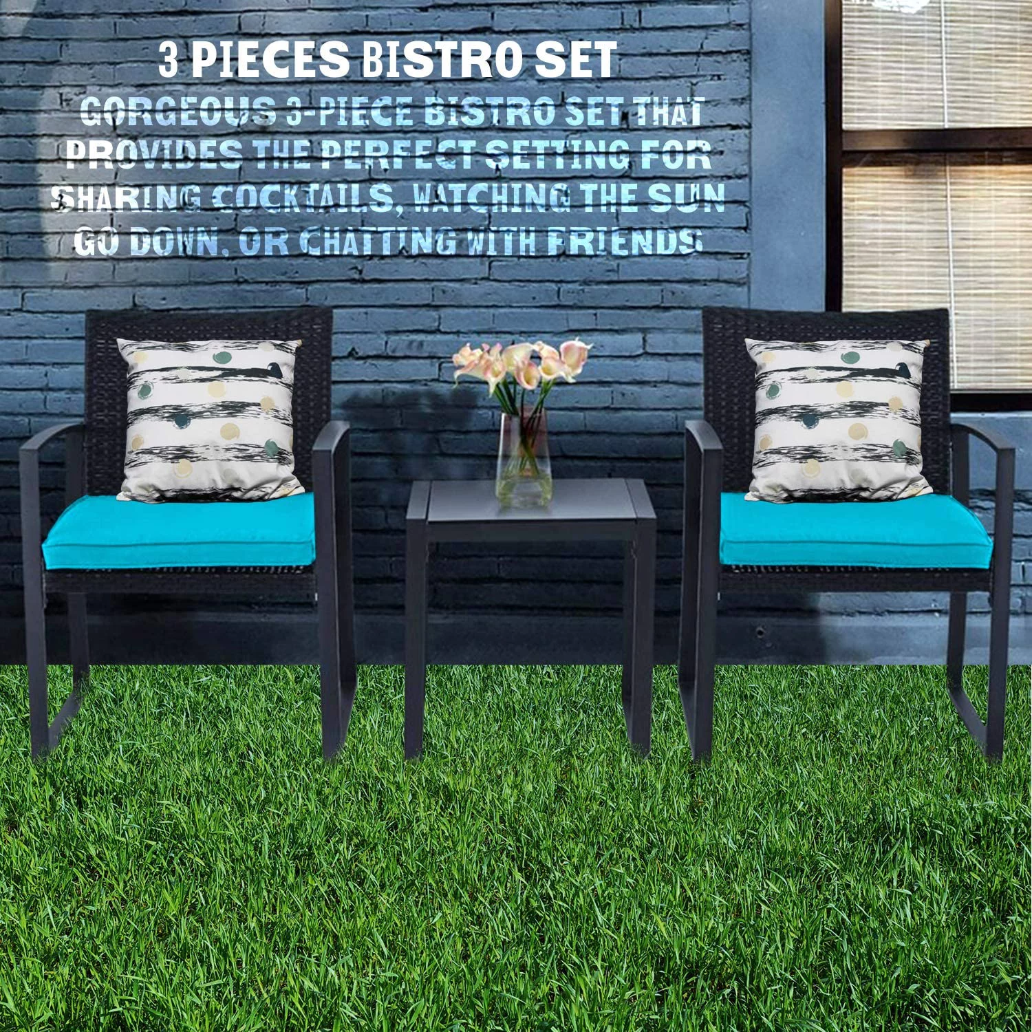 Patio Garden Balcony and Backyard 3-Piece Conversation Black Wicker Furniture-Two Chairs with Glass Coffee Table Light Blue
