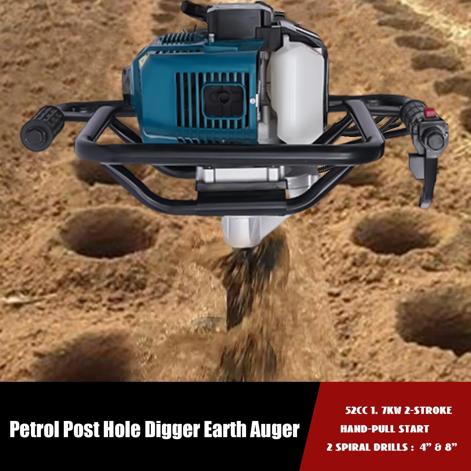 Fichiouy 52cc 2 Stroke Post Hole Digger Gas Powered Earth Auger with 4