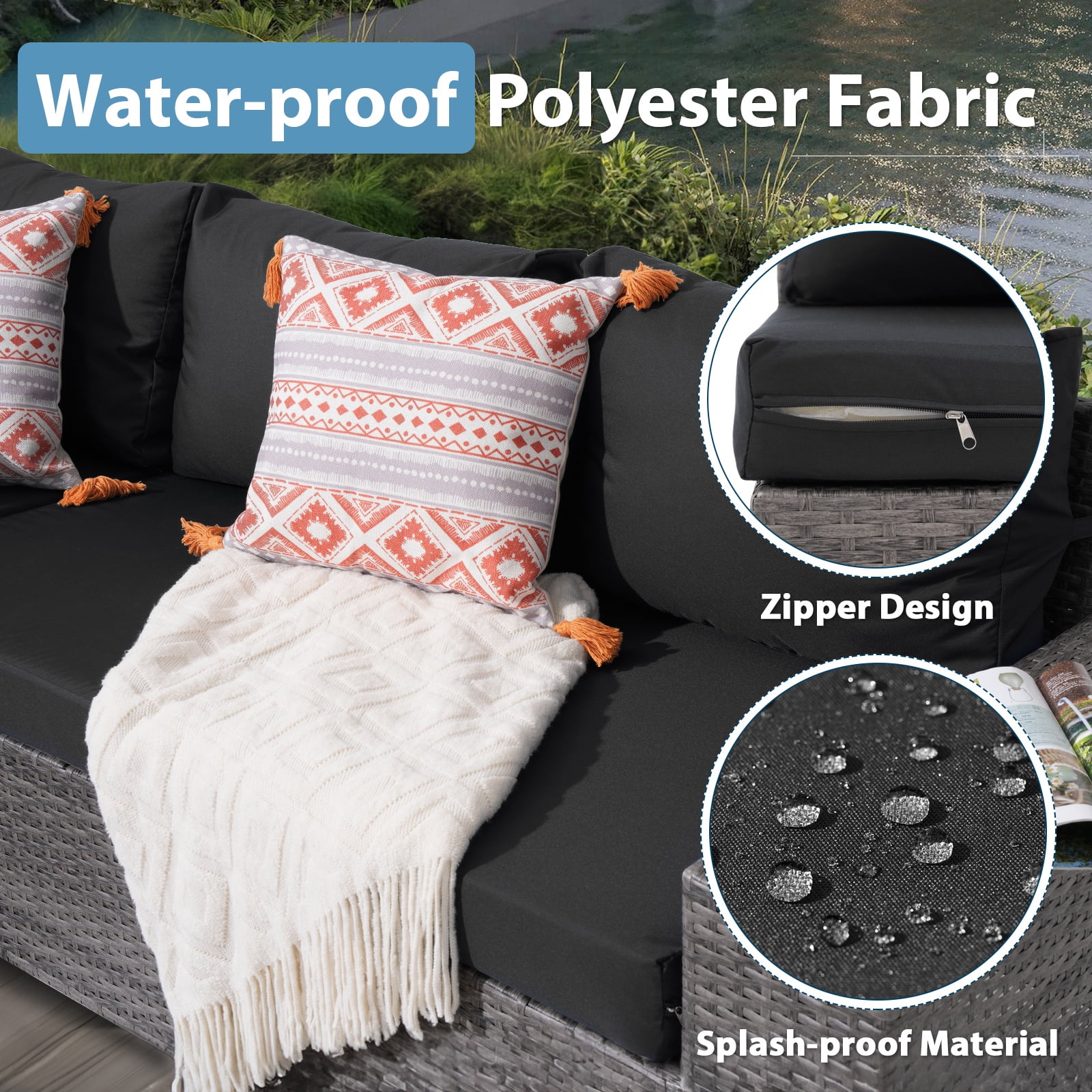 JOIVI 6 Pieces Wicker Patio Furniture Set, Outdoor Rattan Conversation Set with Sectional Sofa and Tempered Glass Top Table for Deck, Porch, Yard, Black