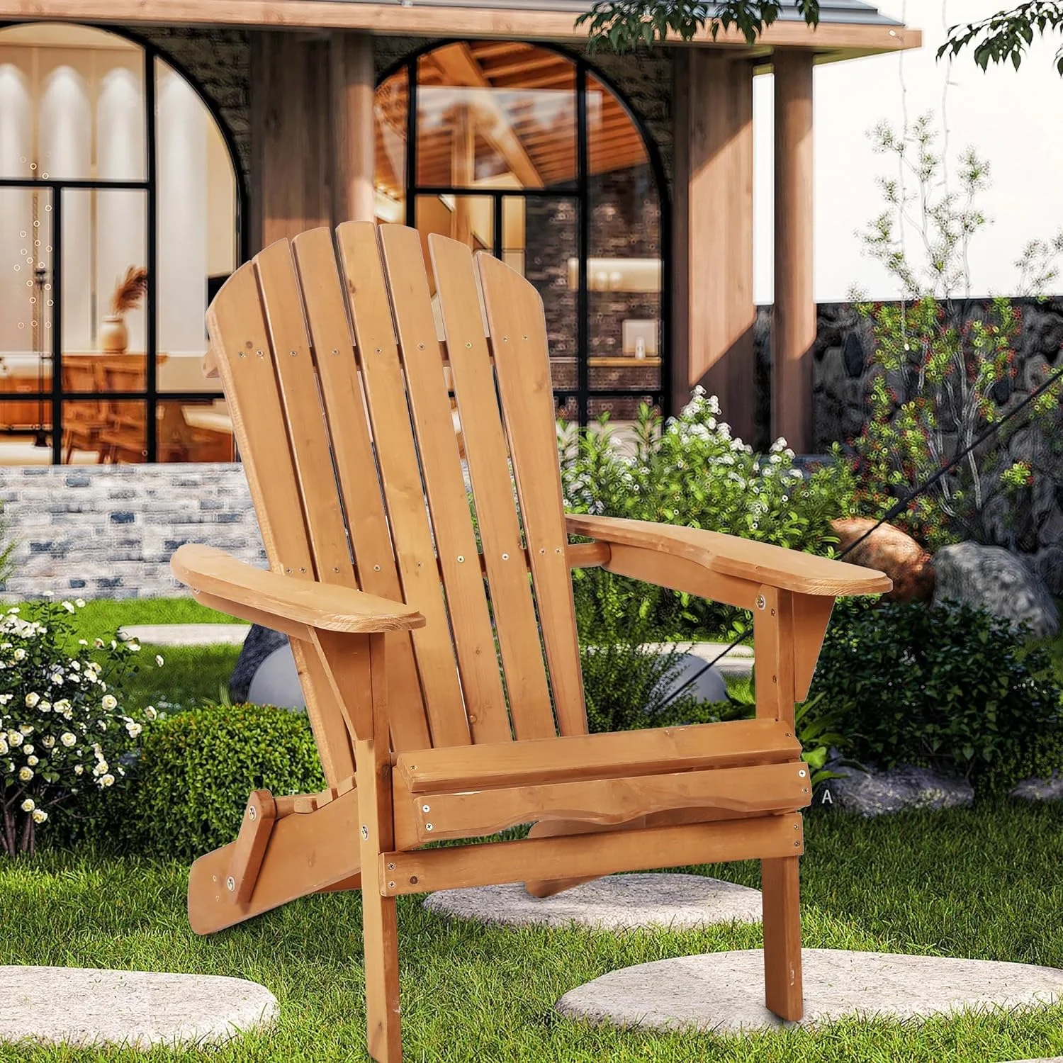 Folding Adirondack Chair Weather Resistant Wooden Lounger Chair Half Pre-Assembled Patio Fire Pit Chair with Sturdy Construction for Patio Garden Lawn Beach Fire Pit, Natural