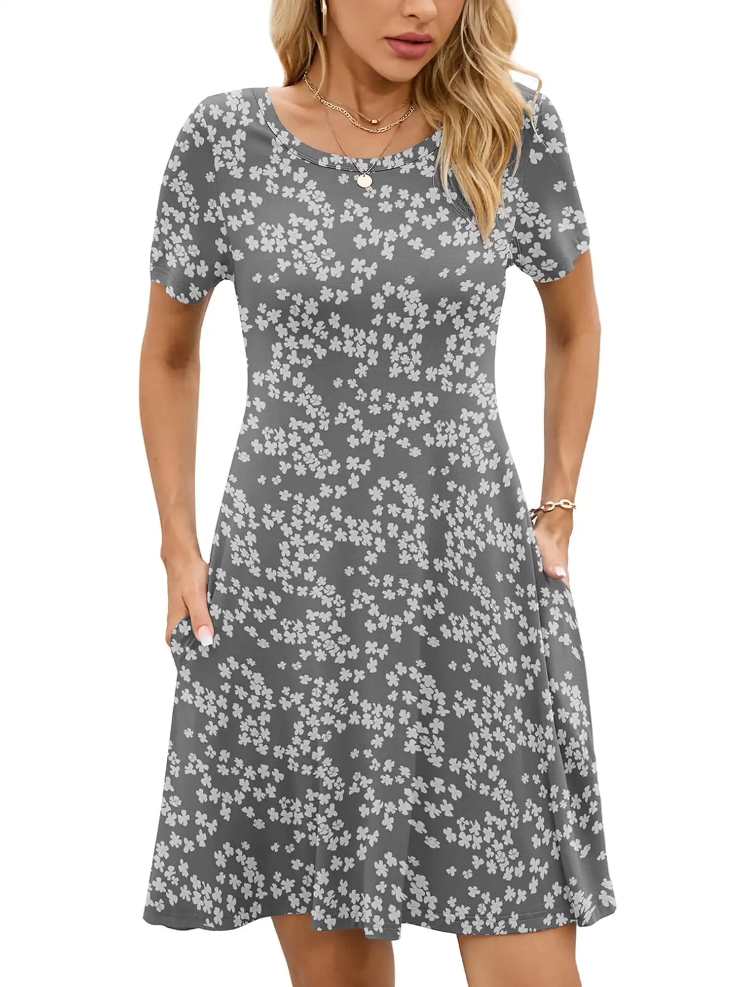 Chiclily Women's Summer Dresses Casual T Shirt Dresses Grey Sakura Large Short Sleeve Flowy Beach Sundress with Pockets