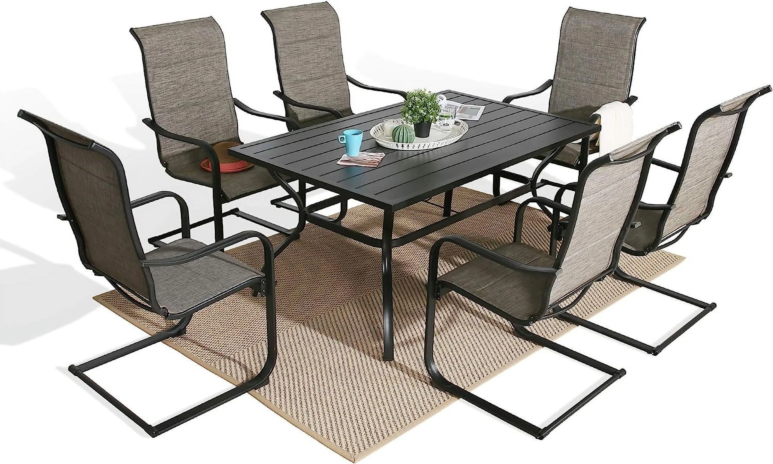 durable 7 Pieces Patio Dining Furniture Set  Outdoor High Back C Spring Motion Sling Chairs with Cotton-Padded  Set of 6  Outdoor Rectangular Steel Dining Table with Umbrella Table