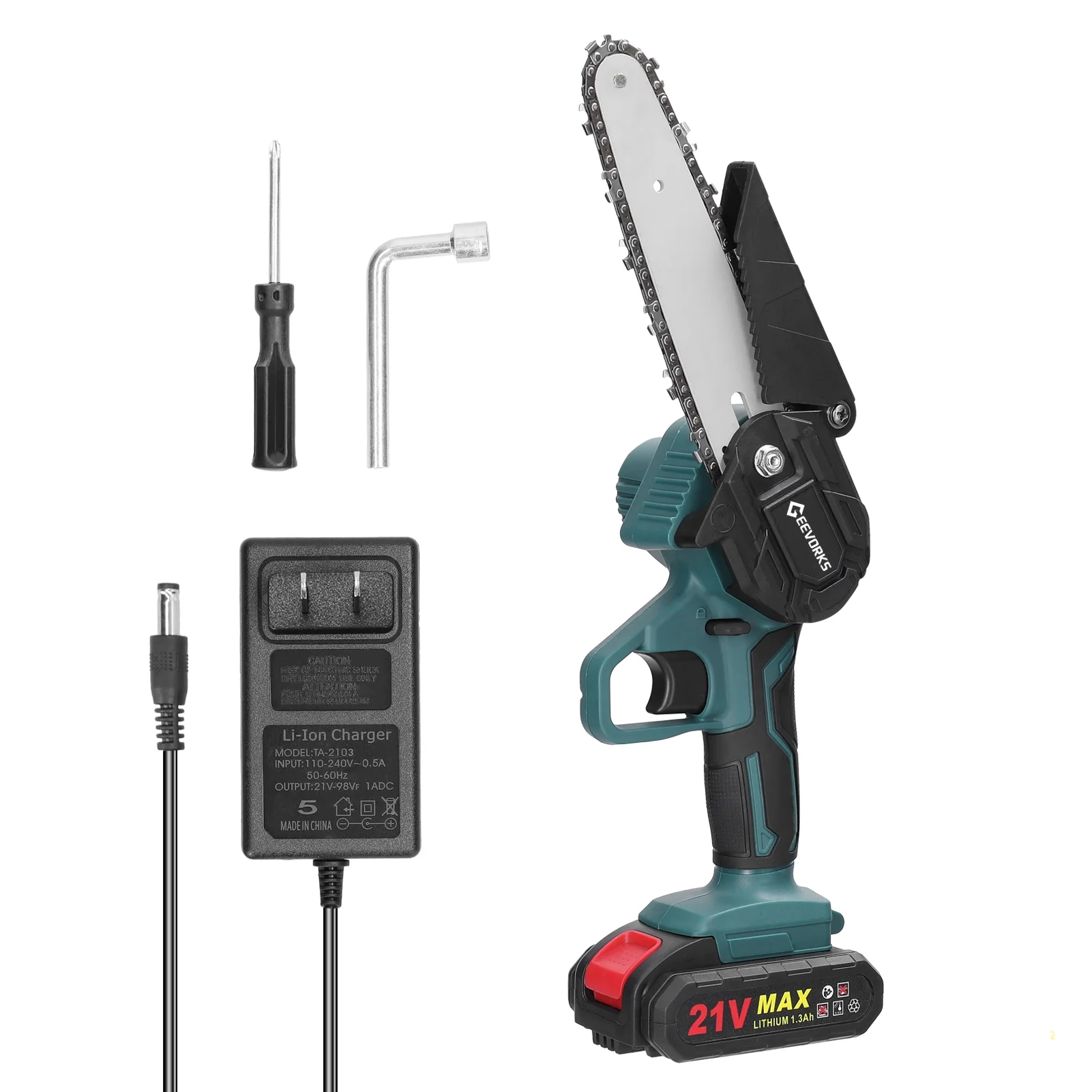 Geevorks 21V 6inch Portable Electric Pruning Saws Rechargeable Small Wood Spliting Chainsaw One-handed Woodworking Tool for Garden Orchard Branch Clip