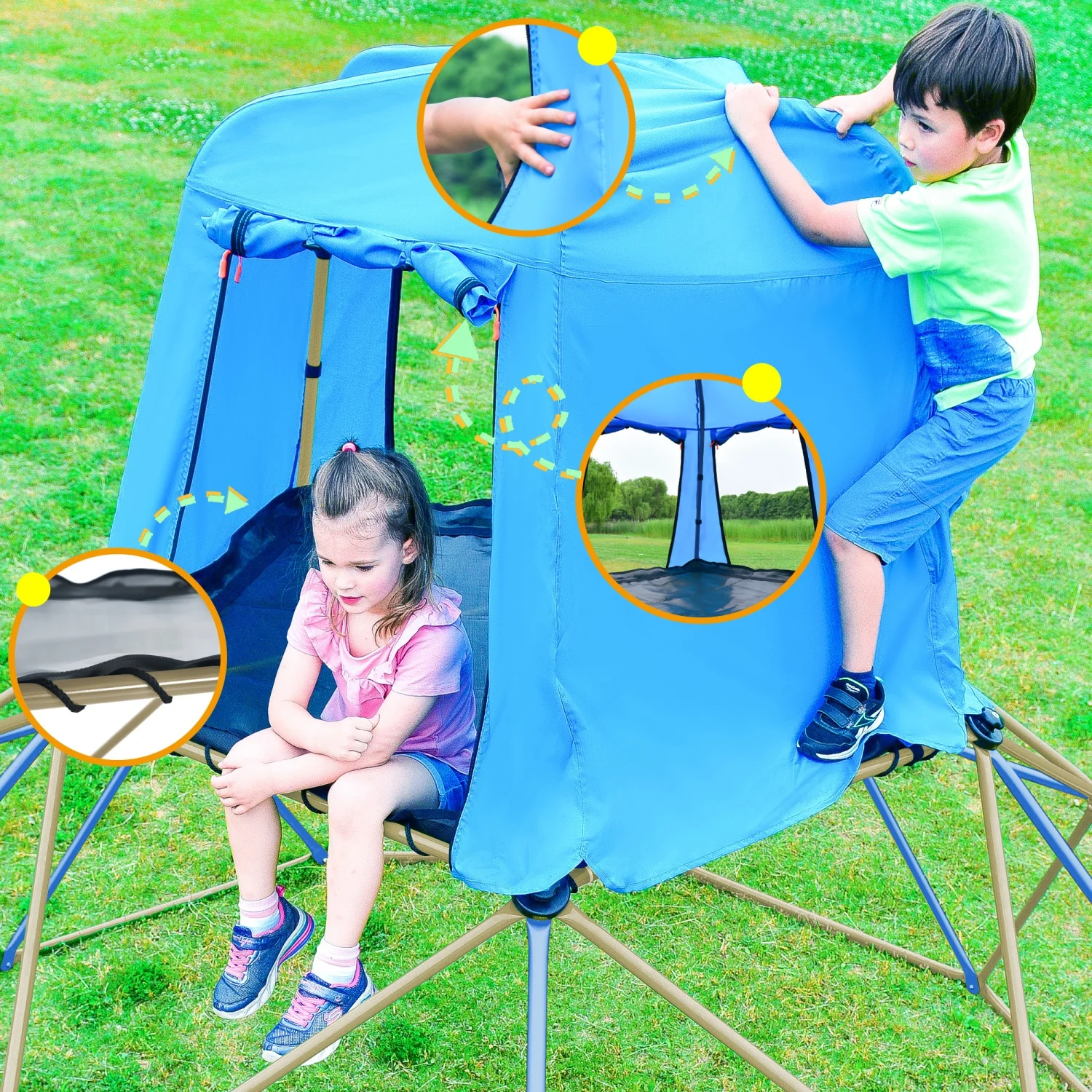 Kids Climbing Dome with Canopy and Playmat - 10 ft Jungle Gym Geometric Playground Dome Climber Play Center  Rust & UV Resistant Steel Supporting 1000 LBS