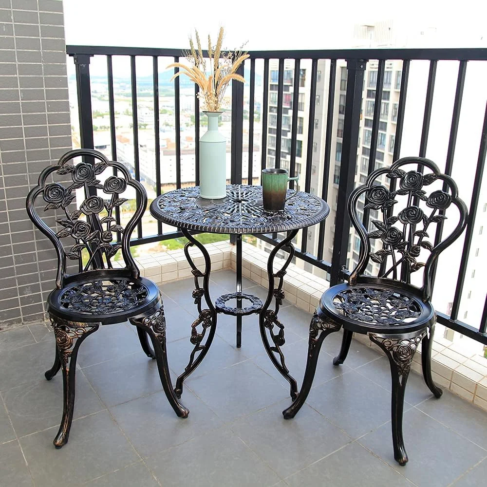 Bistro Set with Rose Pattern  Antique Copper Outdoor Table & Chairs
