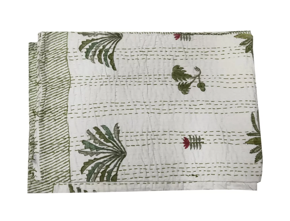 Hand Block Print bedspread Indian Kantha Quilt Décor Vintage Bohemian Coverlet Blanket Gudri Floral Print Single Size White Colour