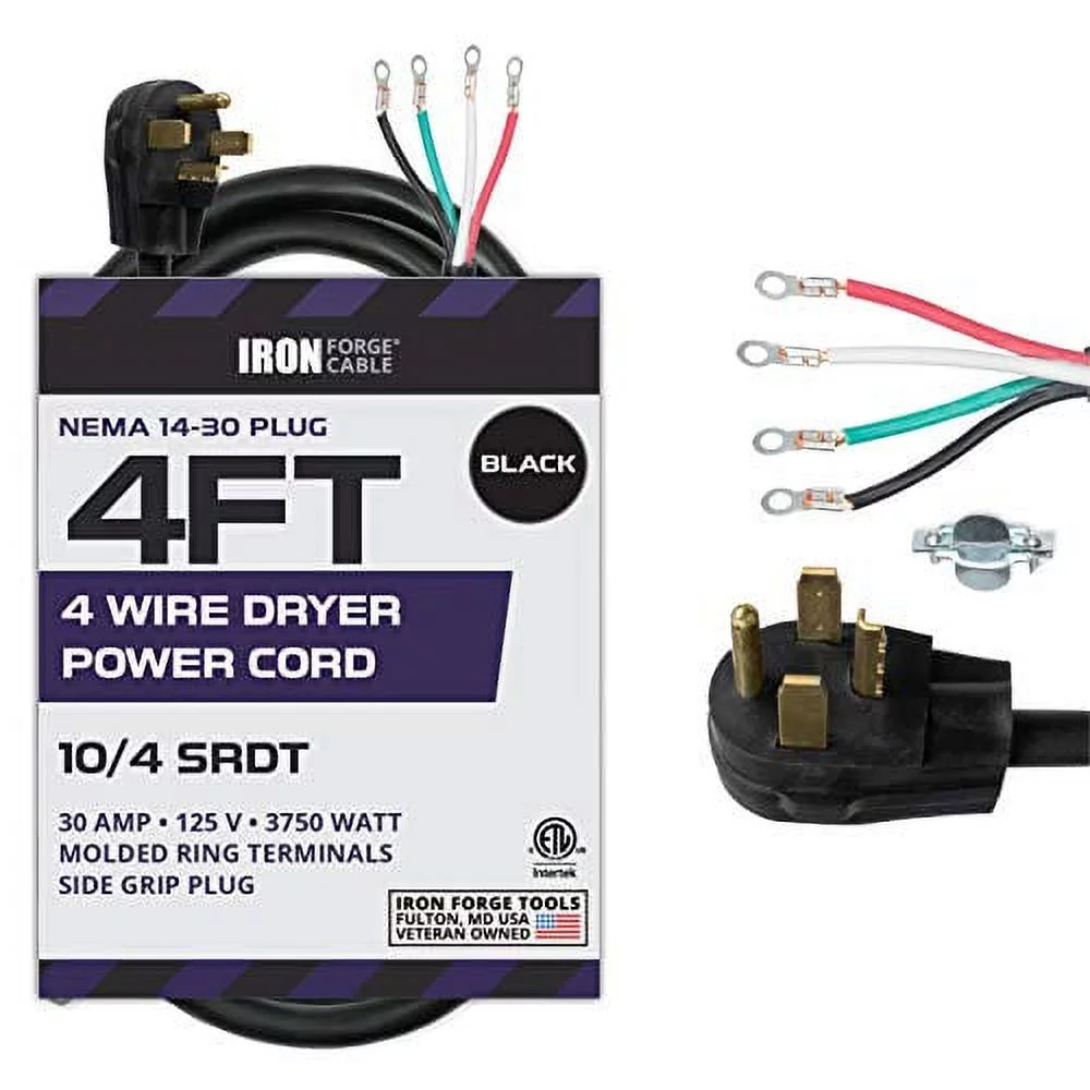4 Prong Dryer Cord - 4 Ft Dryer Extension Cord Power Plug, 10/4 SRDT, 30 Amp, NEMA 14-30, Black