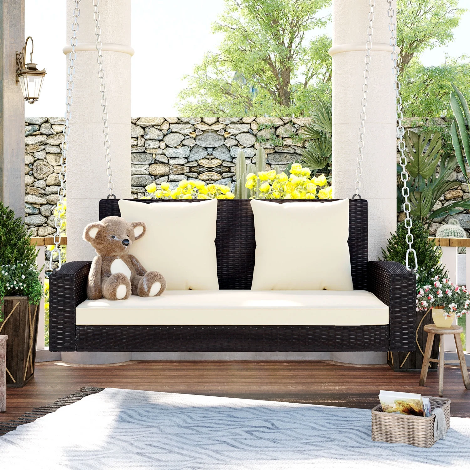 Style and Luxury with this Elegant and Cozy Brown Wicker Hanging Porch Swing for 2 Persons. Featuring Chains for Easy Installation  a Plush Beige Cushion  and Pillow for Added Comfort  th