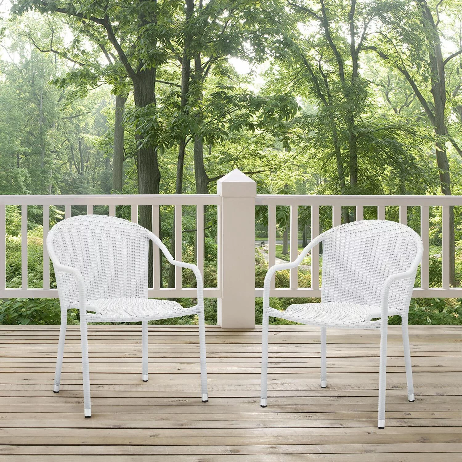 HomeStock Rustic Retreat 3Pc Outdoor Wicker Chair Set White - Round Side Table & 2 Stackable Chairs