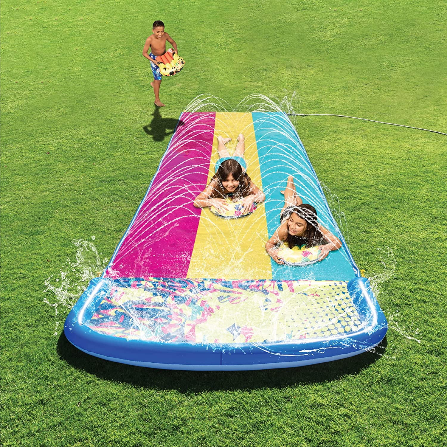 Terra 23ft Unique Slip and Slide 3 Person Deluxe Water Slides with 3 Boogie Boards Outdoor Big Waterslide 3 Sliding Racing Lanes with Sprinklers Summer Toy Digital Pattern 23ft x 78in