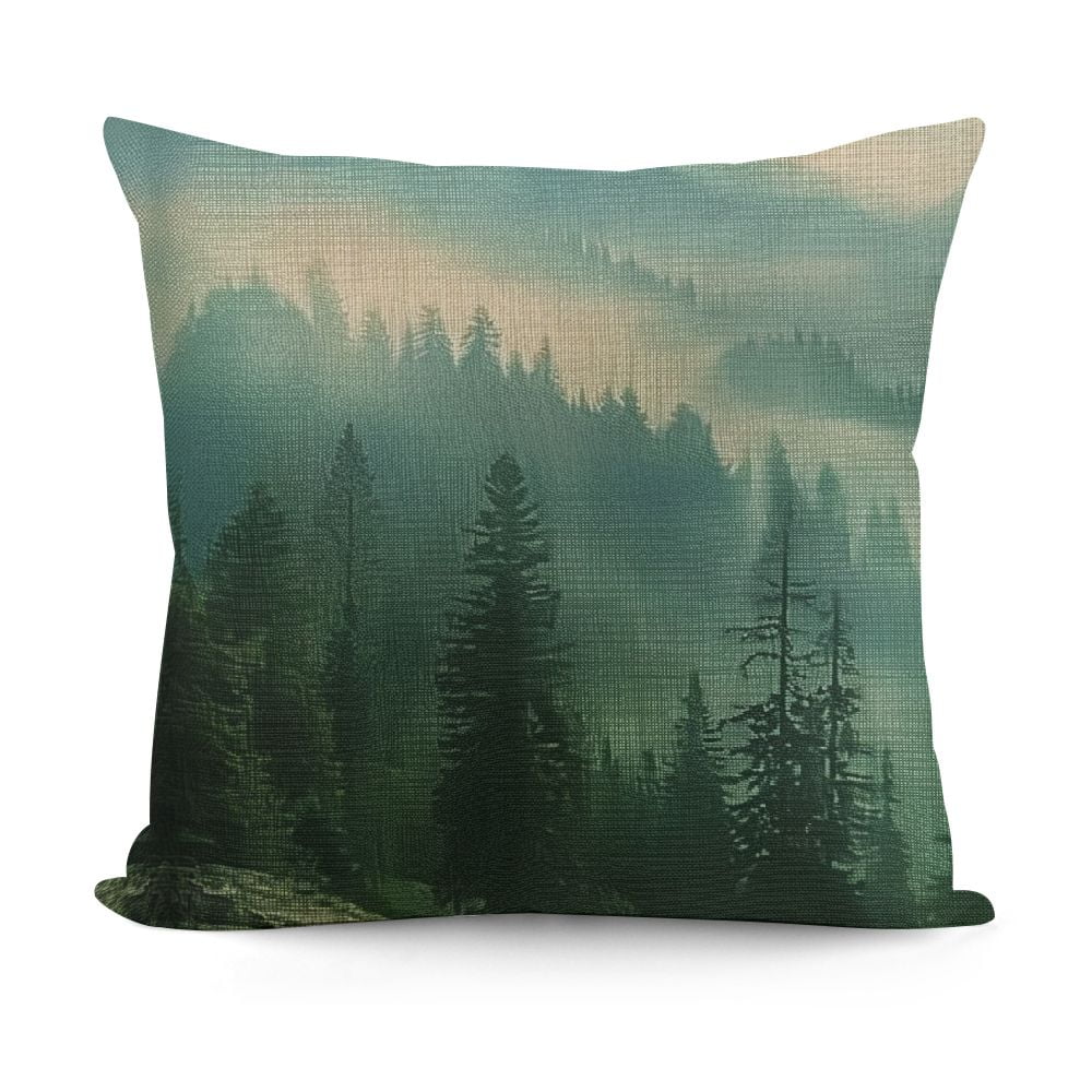 Ollo0ord Throw Pillow Cover Linen Spruce Forest On Green Woodland Wonderland Hill Amazing Fog Beautiful Parks Mist Outdoor Textures Decorative Square Cushion Case for Sofa Car Bedroom White