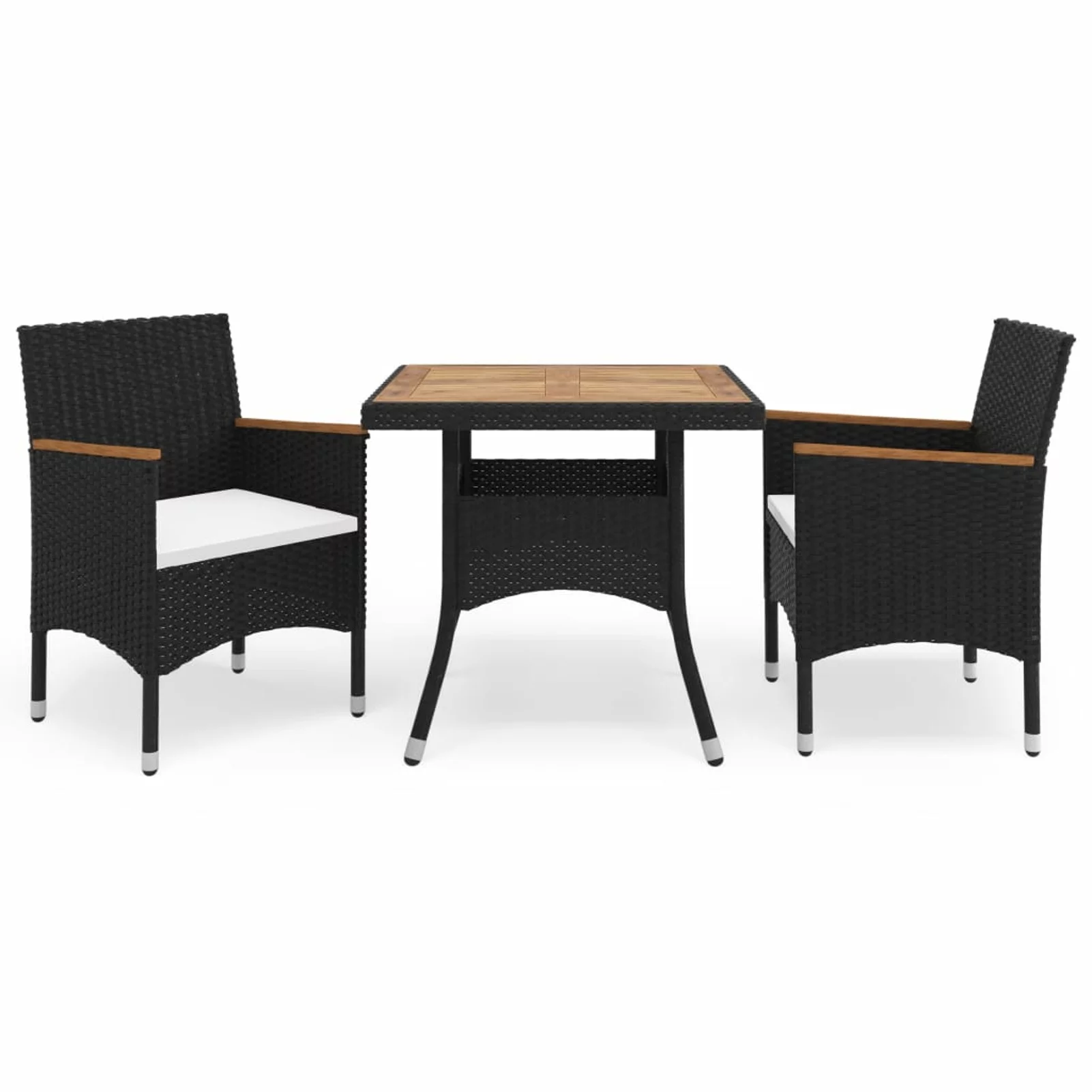 Anself 3 Piece Patio Dining Set Acacia Wood Tabletop Garden Table and 2 Armchair with Cream Cushion Black Poly Rattan  Dining Set for Garden, Backyard, Balcony
