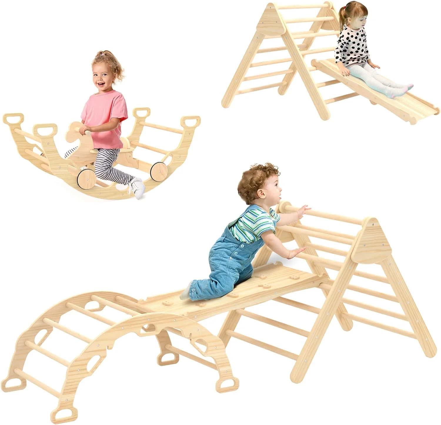 9 in 1 Pikler Triangle Set, Toddlers Climbing Toys with Ramp Rocking Horse and Arch, Foldable Montessori Climbing Set for Kids 2-6 Years, Indoor Playground Jungle Gym, Xmas Gift for Boys Girls