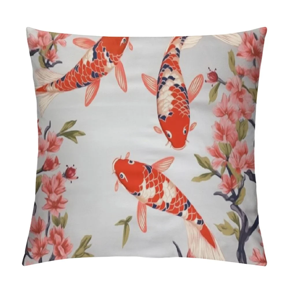 COMIO  Watercolour Carp Plum Blossom Pillow Covers Throw Cushion Covers Square Pillowcase Decorative Throw Cover Pillows for Decor Sofa Bedroom Car