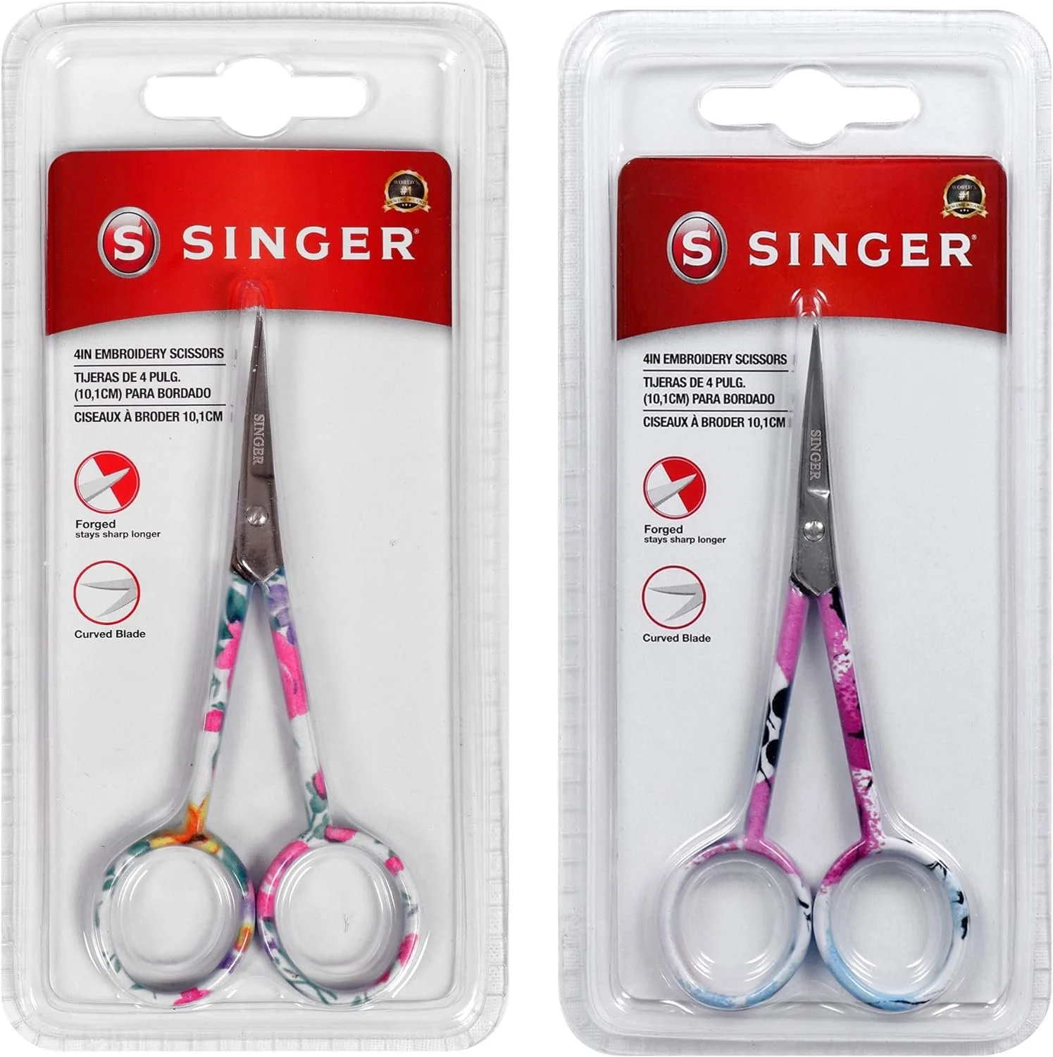 SINGER 4 Inch Forged Embroidery Scissors with Curved Tip for Sewing, Cross-Stitching, Crafts, & More White Floral & Pastel Print, 2-Pack