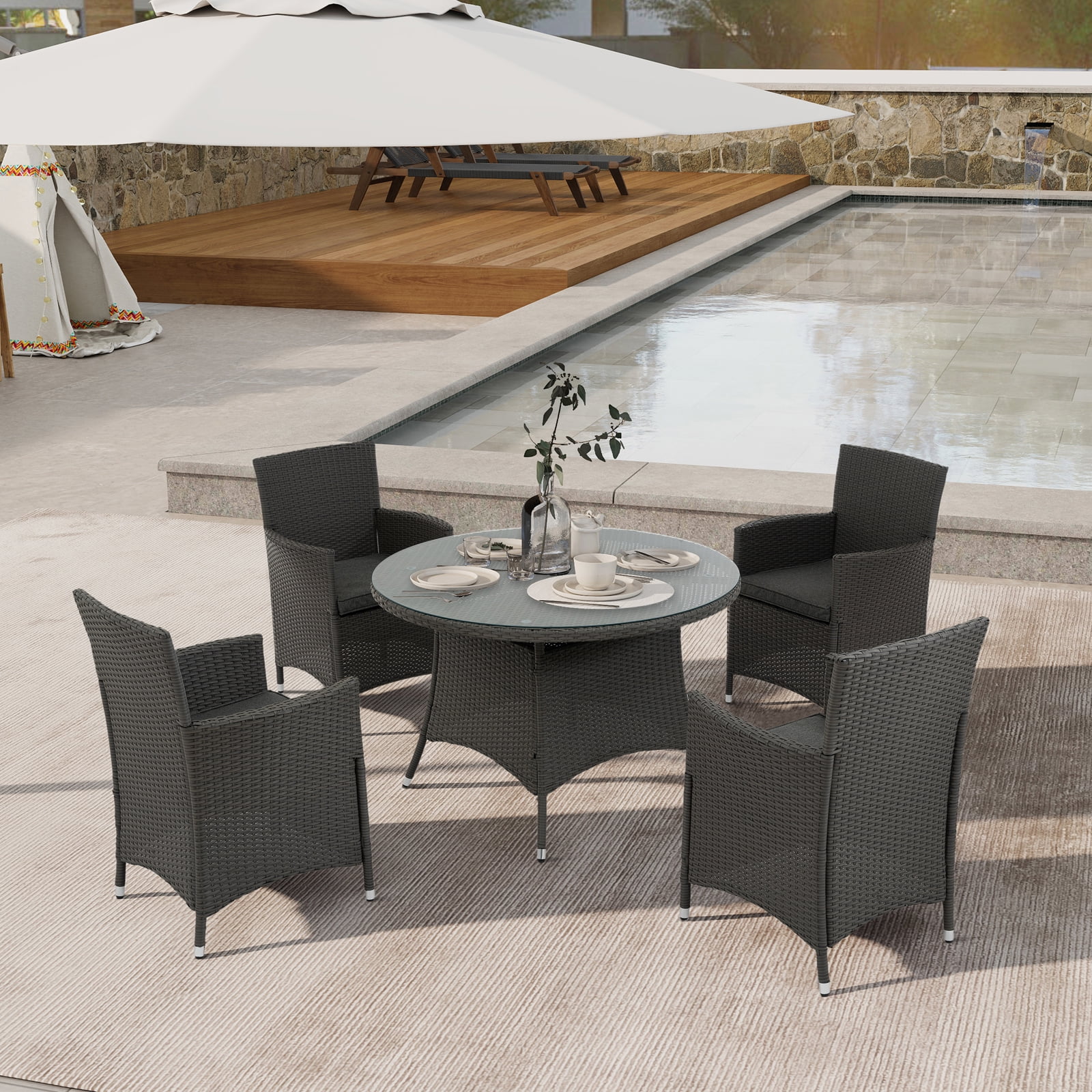 5 Piece Outdoor Dining Set All-Weather Wicker Patio Dining Table and Chairs with Cushions, Round Tempered Glass Tabletop with Umbrella Cutout for Patio Backyard Porch Garden Poolside