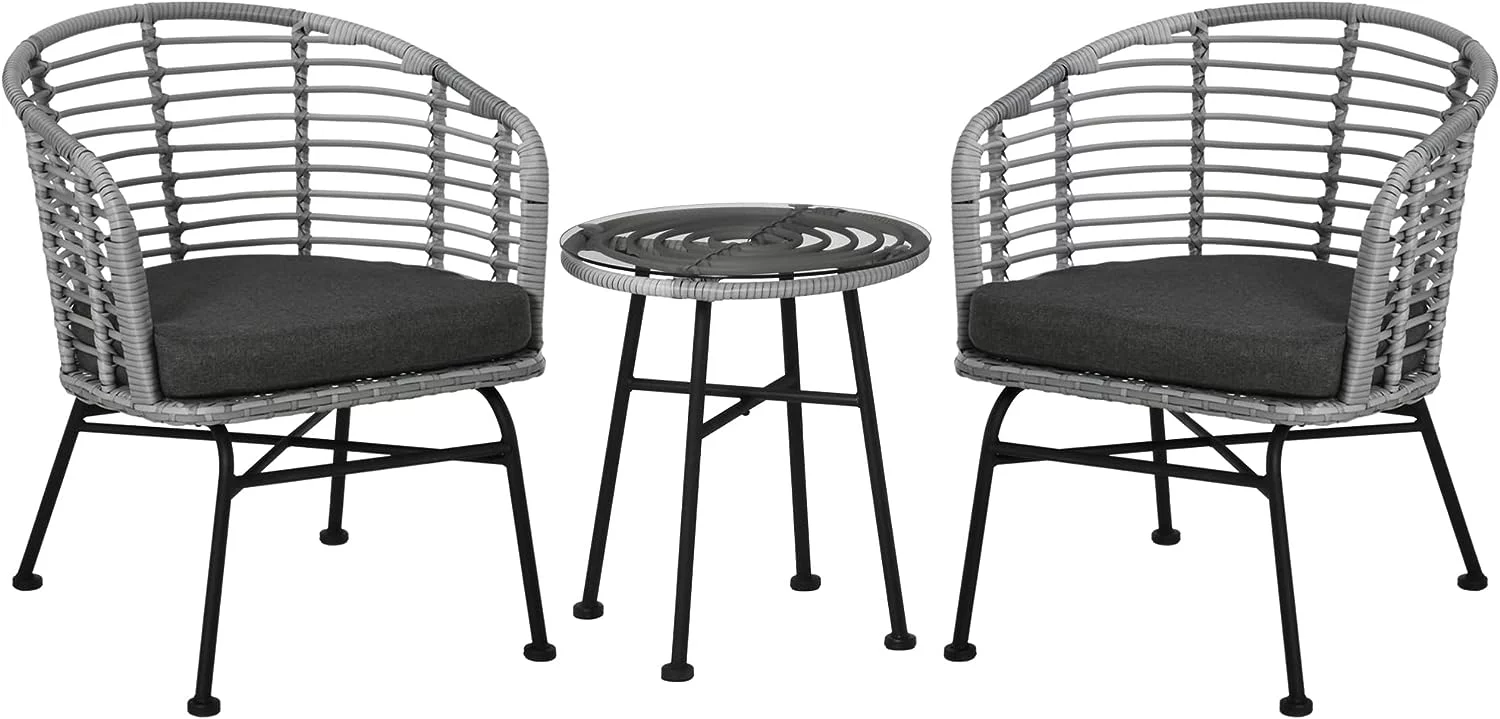 3 Piece S Bistro Set, PE Rattan Outdoor Furniture with Cushioned Barrel Chairs & Glass Coffee Table, Conversation Set for Porch, Backyard, Apartment, Balcony, Mixed Gray